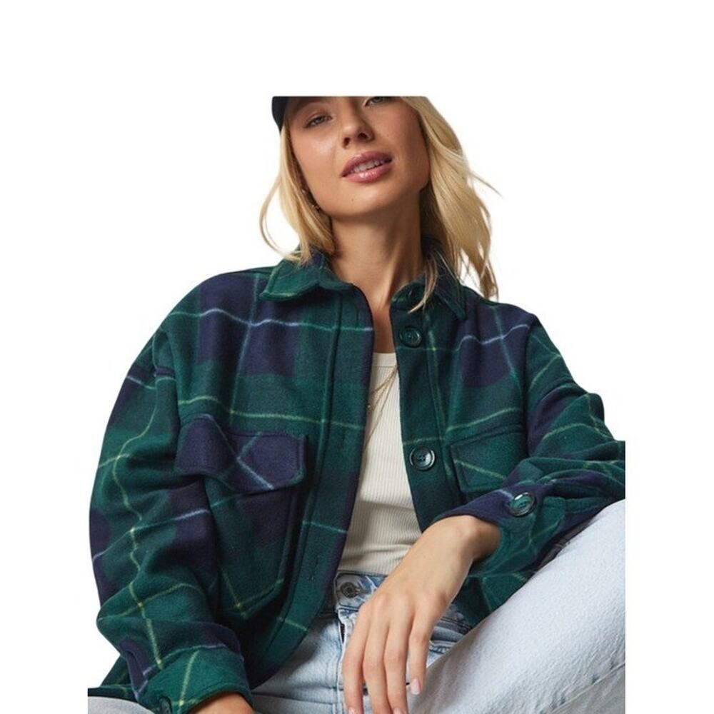 For the Republic Womens Green Navy Plaid Cropped Shacket Shirt Jacket Size M New